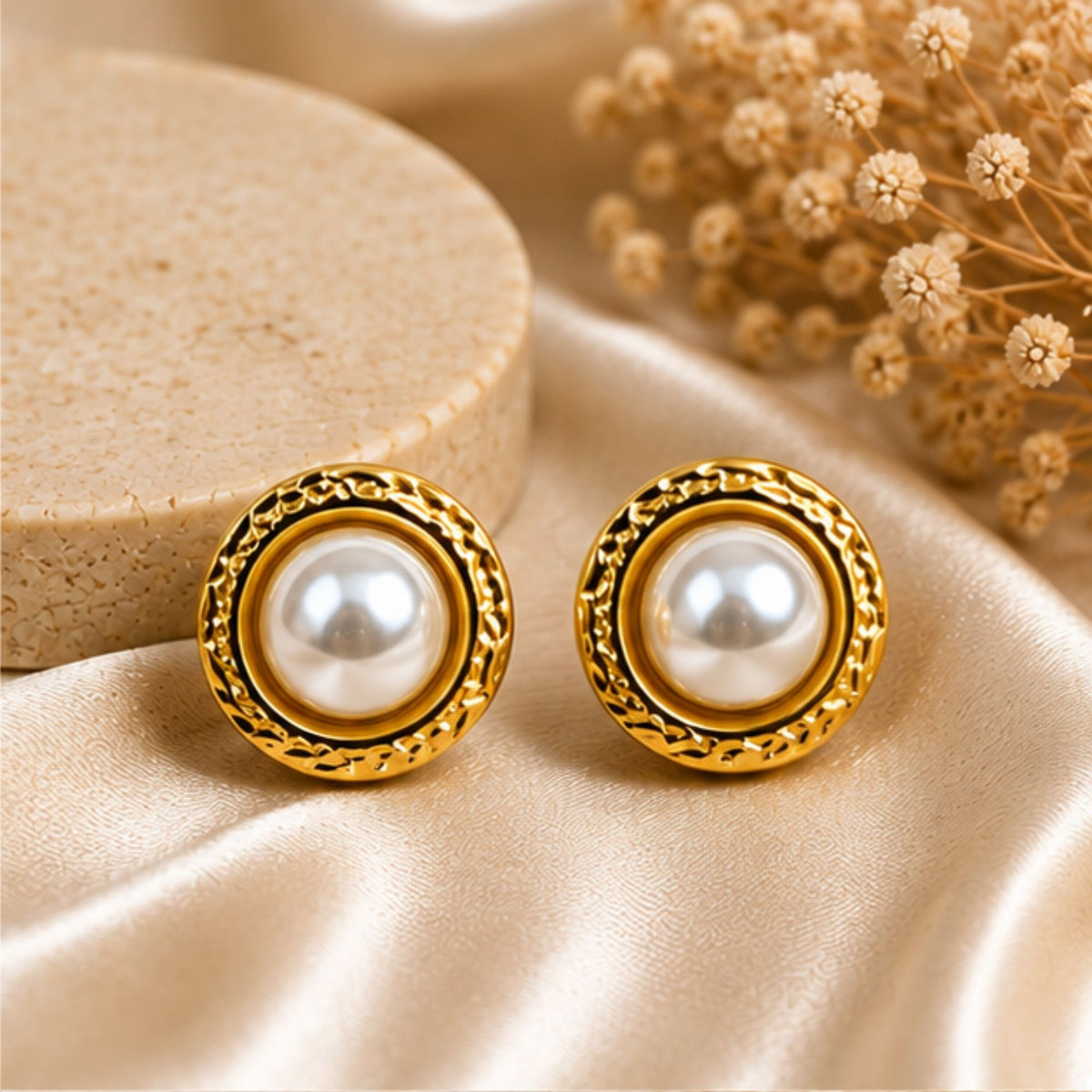 Gold-Tone Pearl-Style Round Stud Earrings for Everyday Elegance