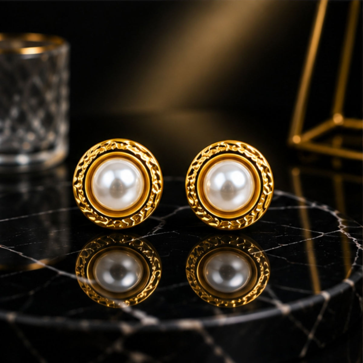 Gold-Tone Pearl-Style Round Stud Earrings for Everyday Elegance