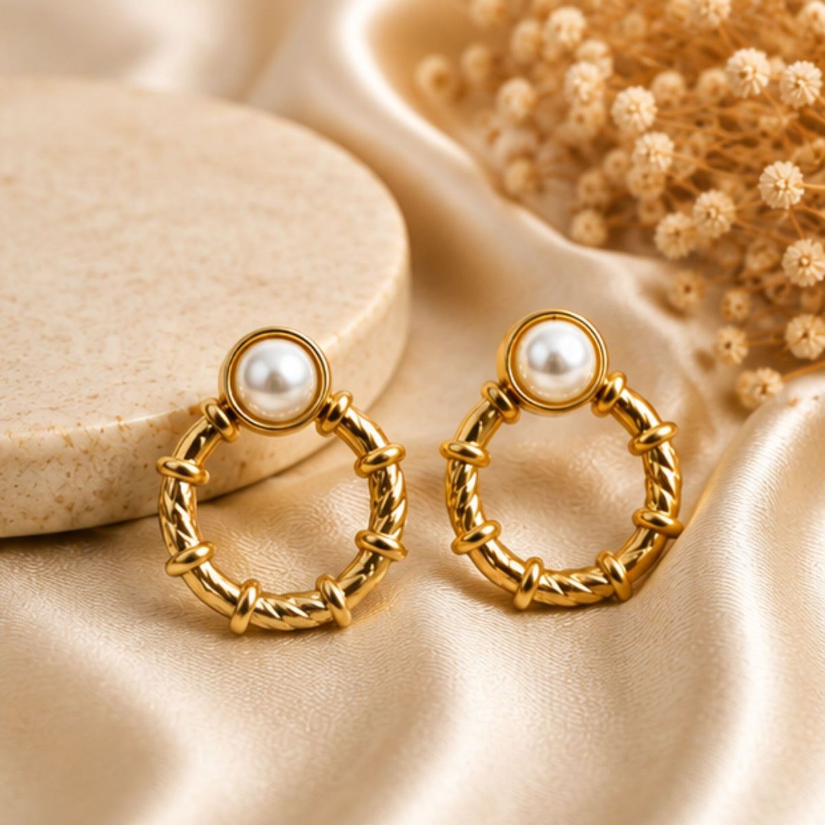 Gold Tone Pearl Accent Hoop Earrings for Everyday Style