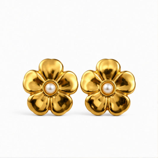Gold Tone Floral Pearl Stud Earrings for Everyday Elegance