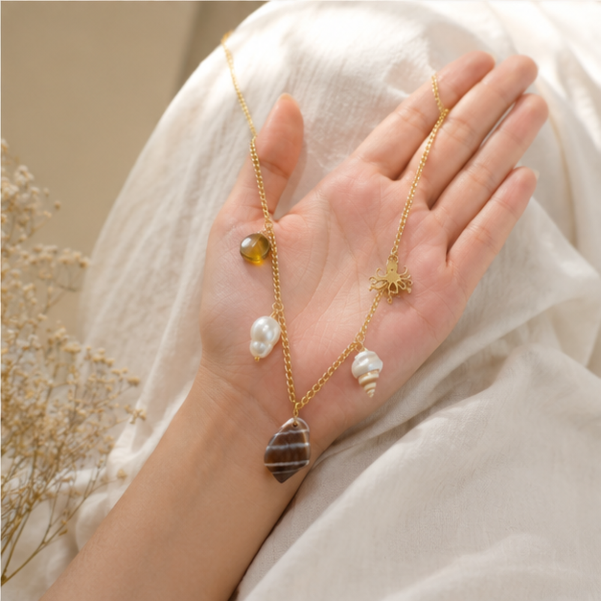 Gold Tone Pearl Accent Layered Pendant Necklace