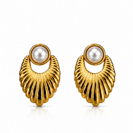 Gold Tone Pearl Fan Drop Earrings for Everyday Elegance