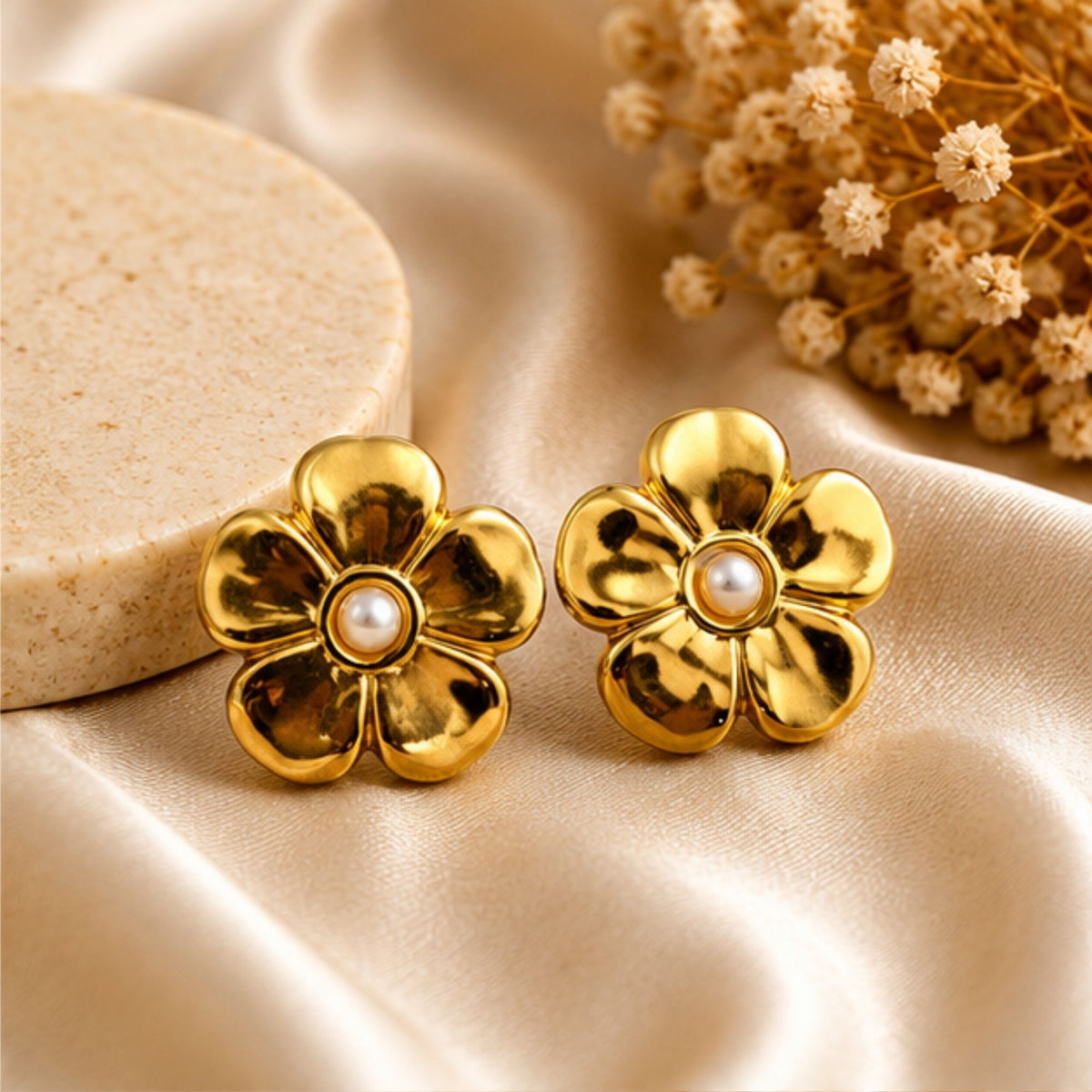 Gold Tone Floral Pearl Stud Earrings for Everyday Elegance