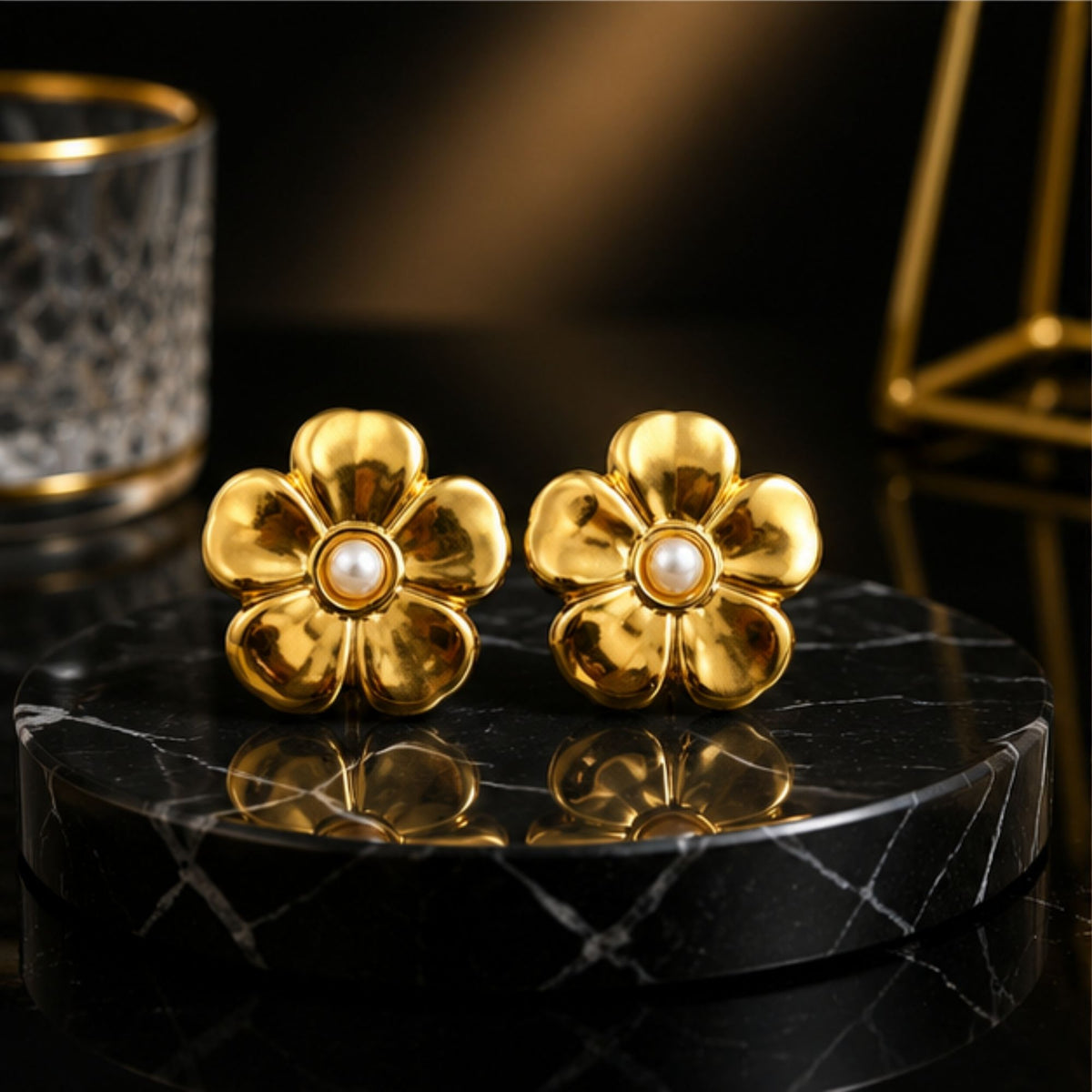 Gold Tone Floral Pearl Stud Earrings for Everyday Elegance