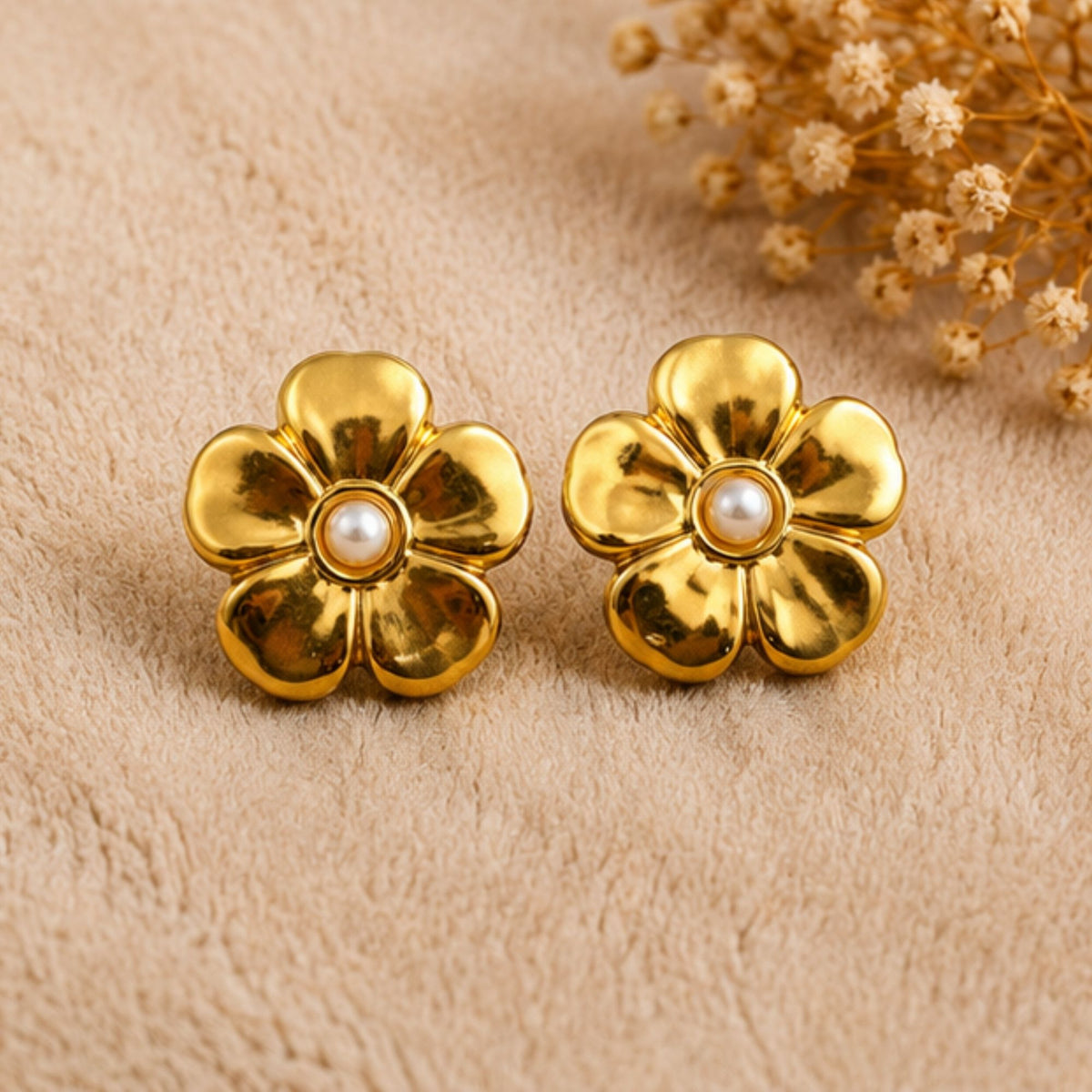 Gold Tone Floral Pearl Stud Earrings for Everyday Elegance