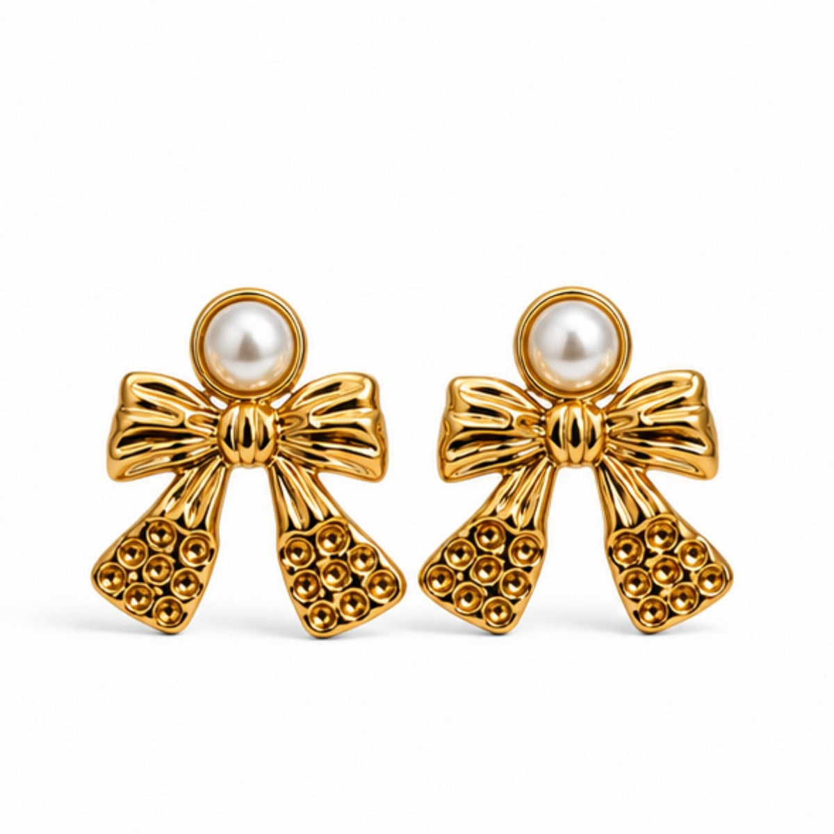 Gold Tone Pearl Bow Drop Earrings for Everyday Elegance