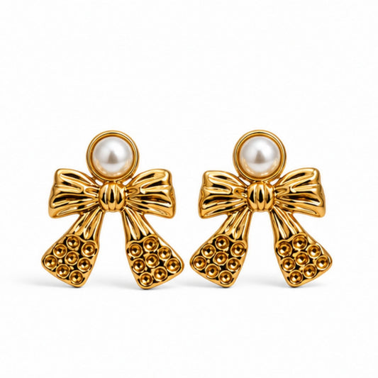 Gold Tone Pearl Bow Drop Earrings for Everyday Elegance