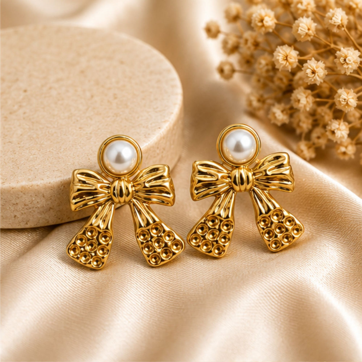 Gold Tone Pearl Bow Drop Earrings for Everyday Elegance