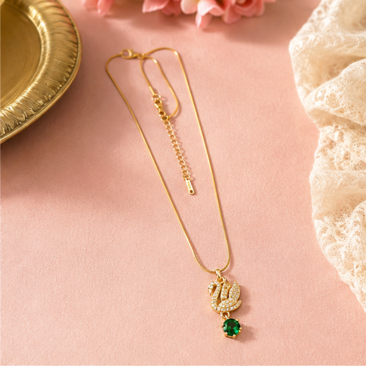 Elegant Gold-Tone Green Stone Pendant Necklace