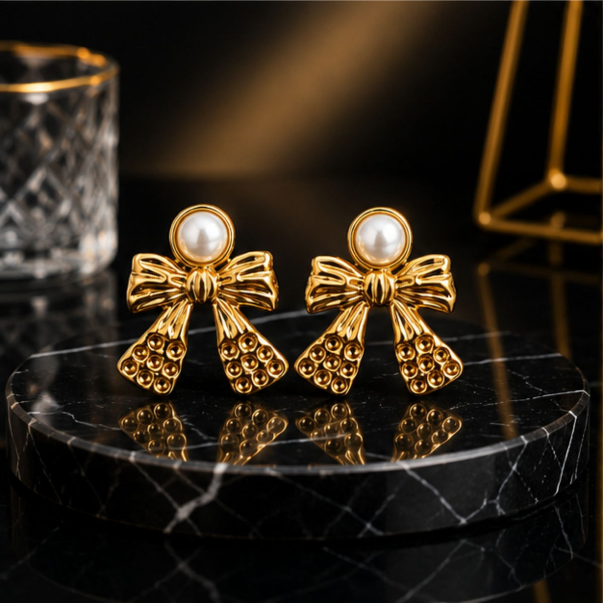 Gold Tone Pearl Bow Drop Earrings for Everyday Elegance