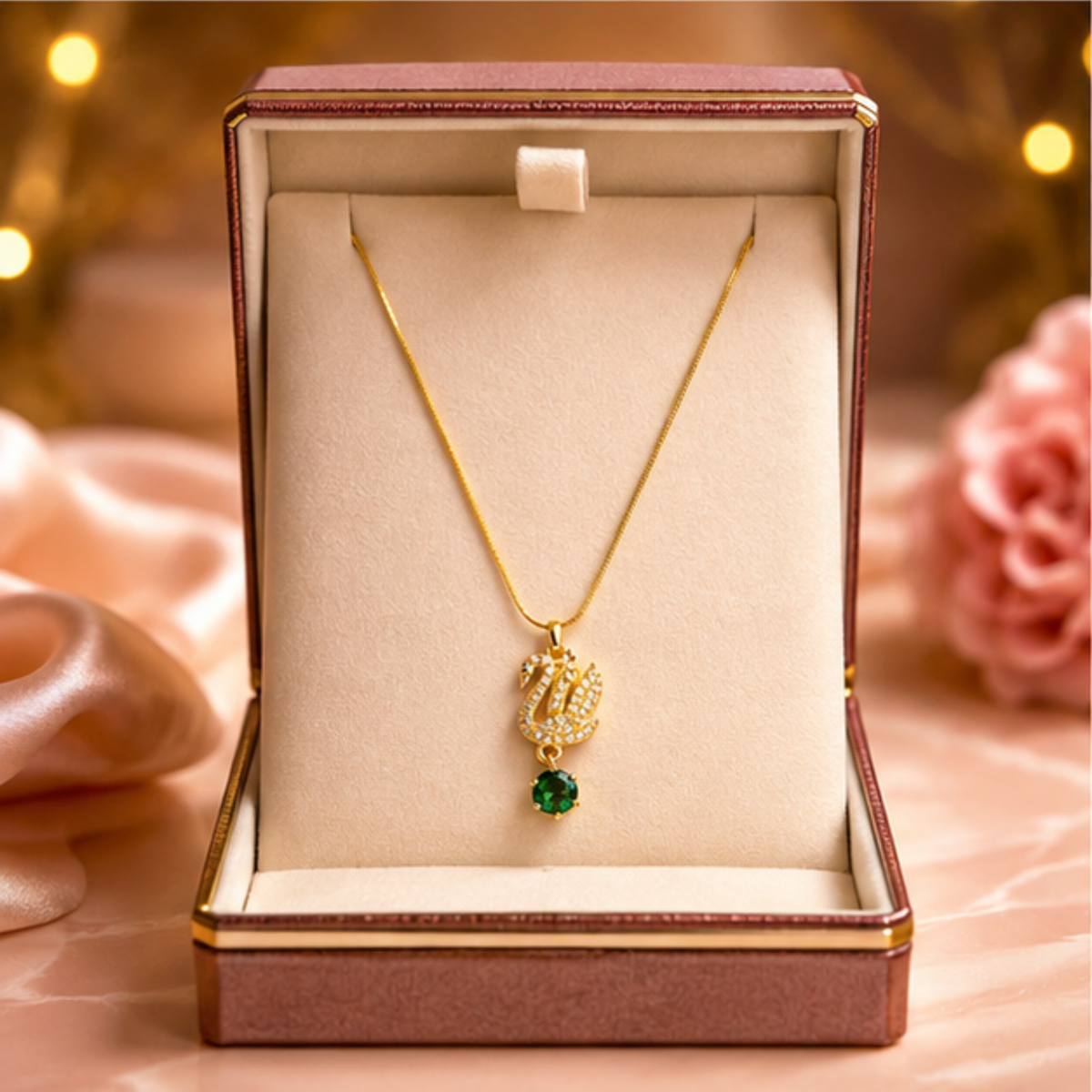 Elegant Gold-Tone Green Stone Pendant Necklace