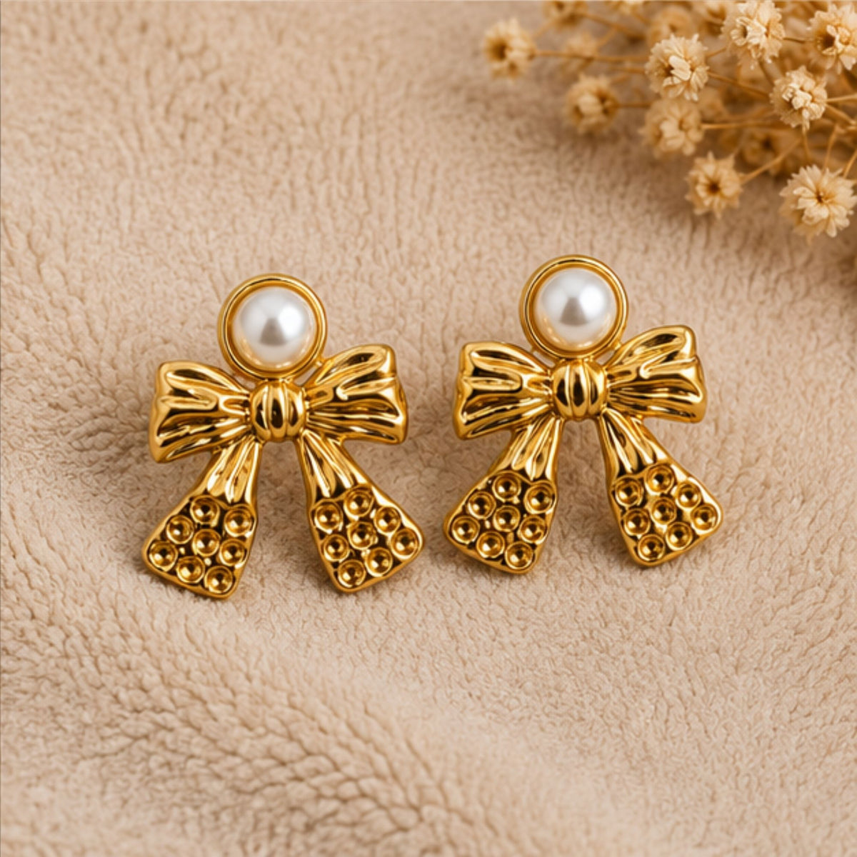 Gold Tone Pearl Bow Drop Earrings for Everyday Elegance
