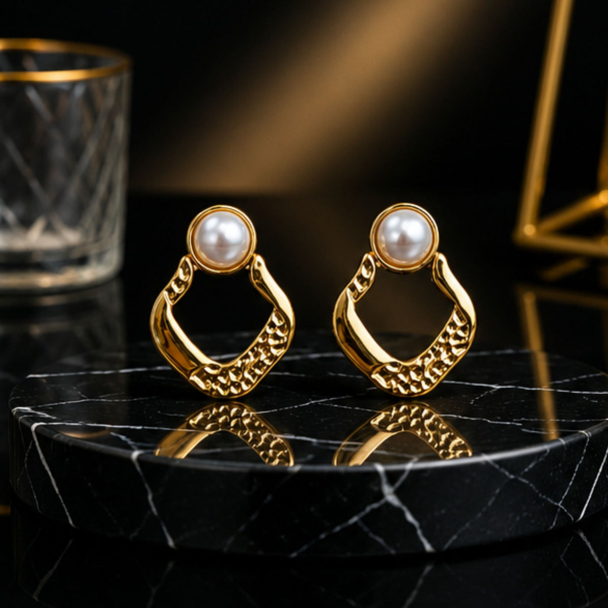 Gold Tone Pearl Geometric Drop Earrings for Everyday Elegance