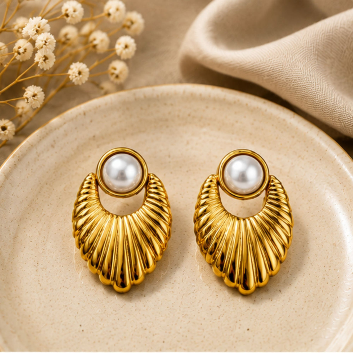 Gold Tone Pearl Fan Drop Earrings for Everyday Elegance