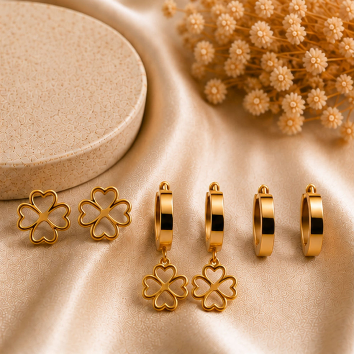 Gold Tone Floral Hoop and Stud Earrings Set
