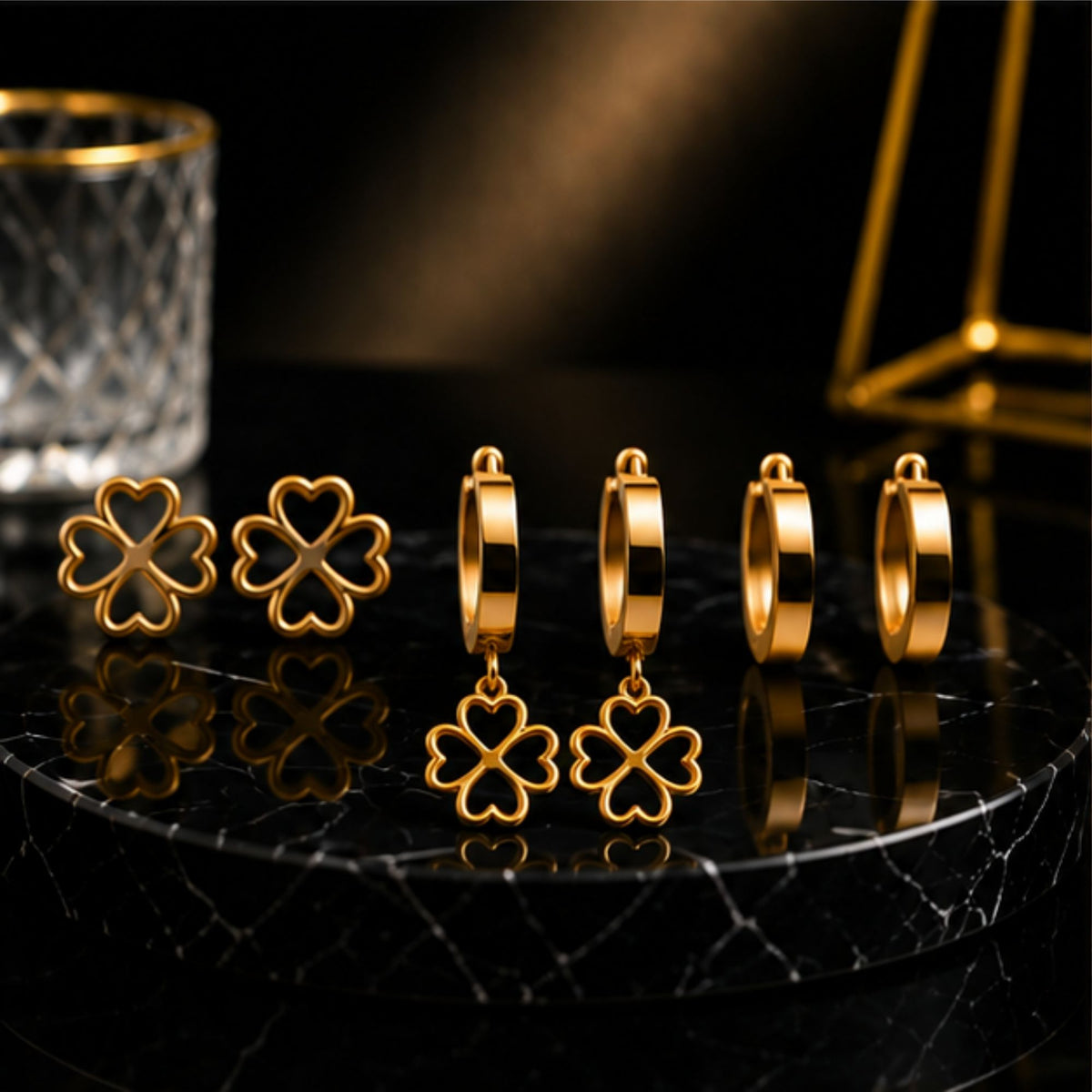 Gold Tone Floral Hoop and Stud Earrings Set