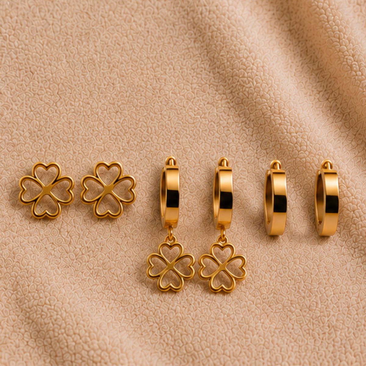 Gold Tone Floral Hoop and Stud Earrings Set