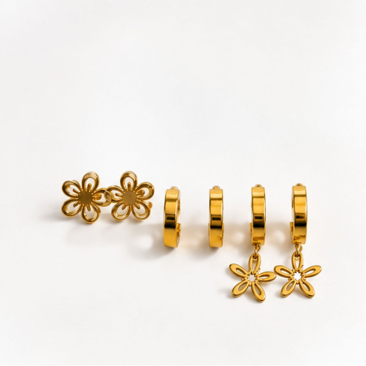 Gold Tone Floral Hoop and Stud Earrings Set