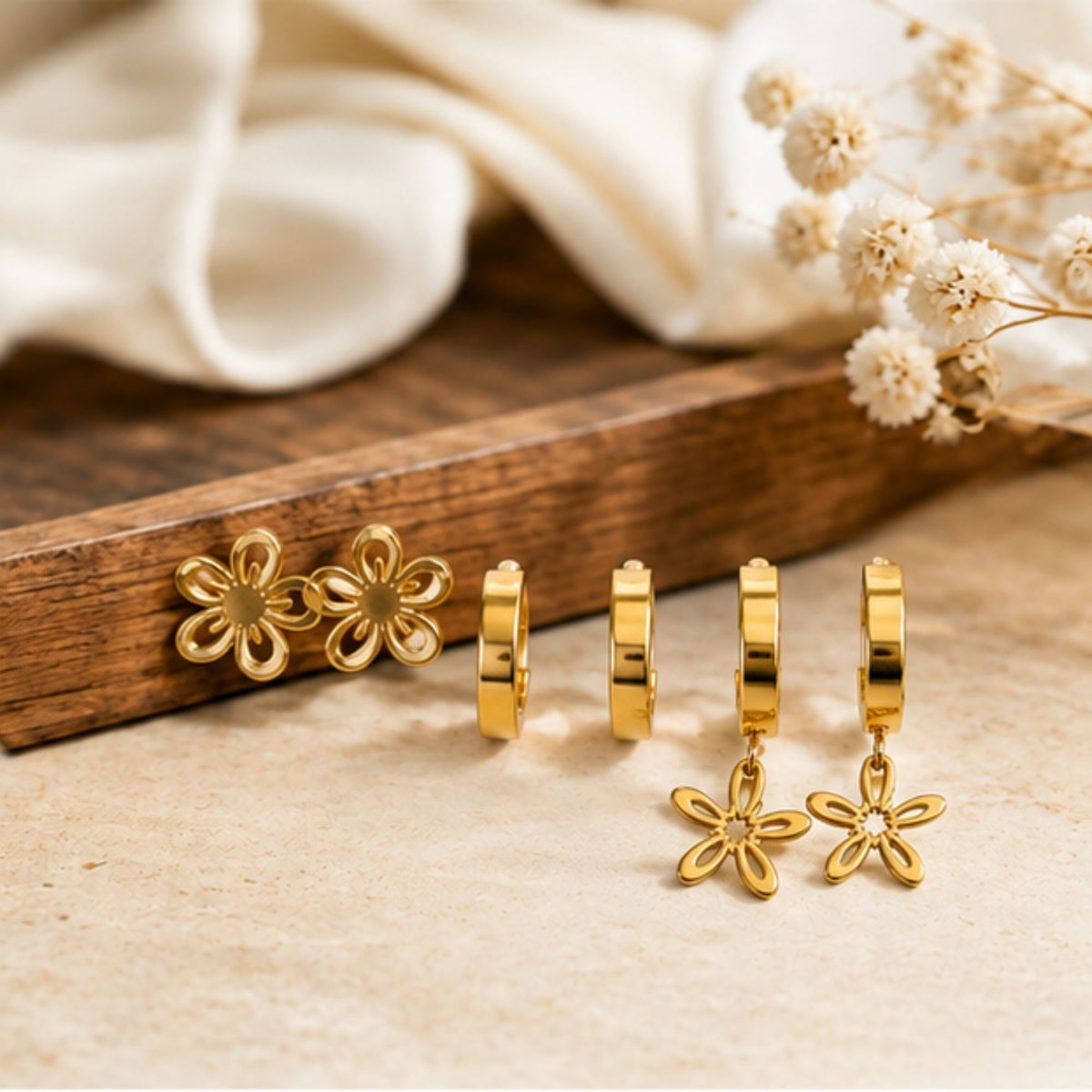 Gold Tone Floral Hoop and Stud Earrings Set