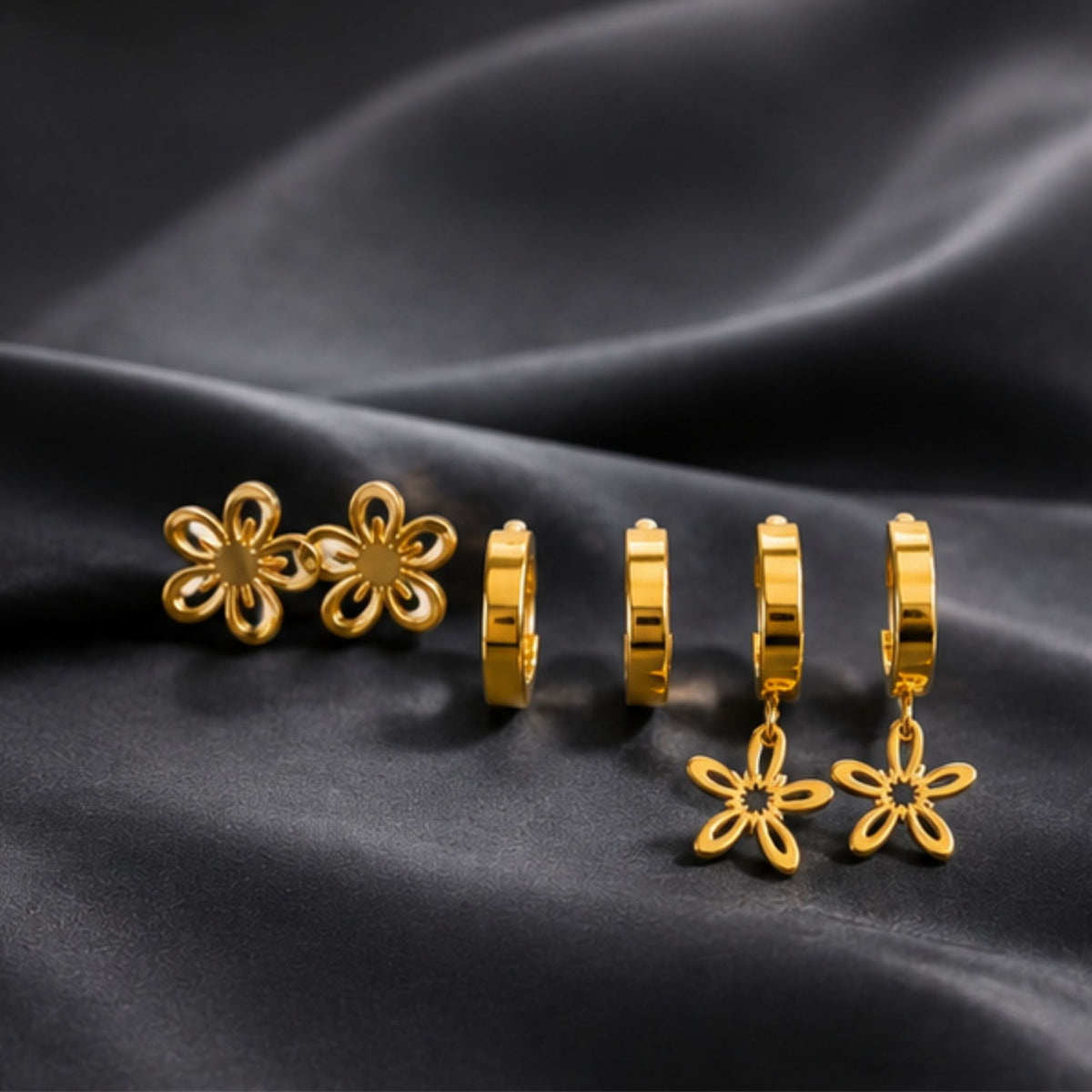 Gold Tone Floral Hoop and Stud Earrings Set