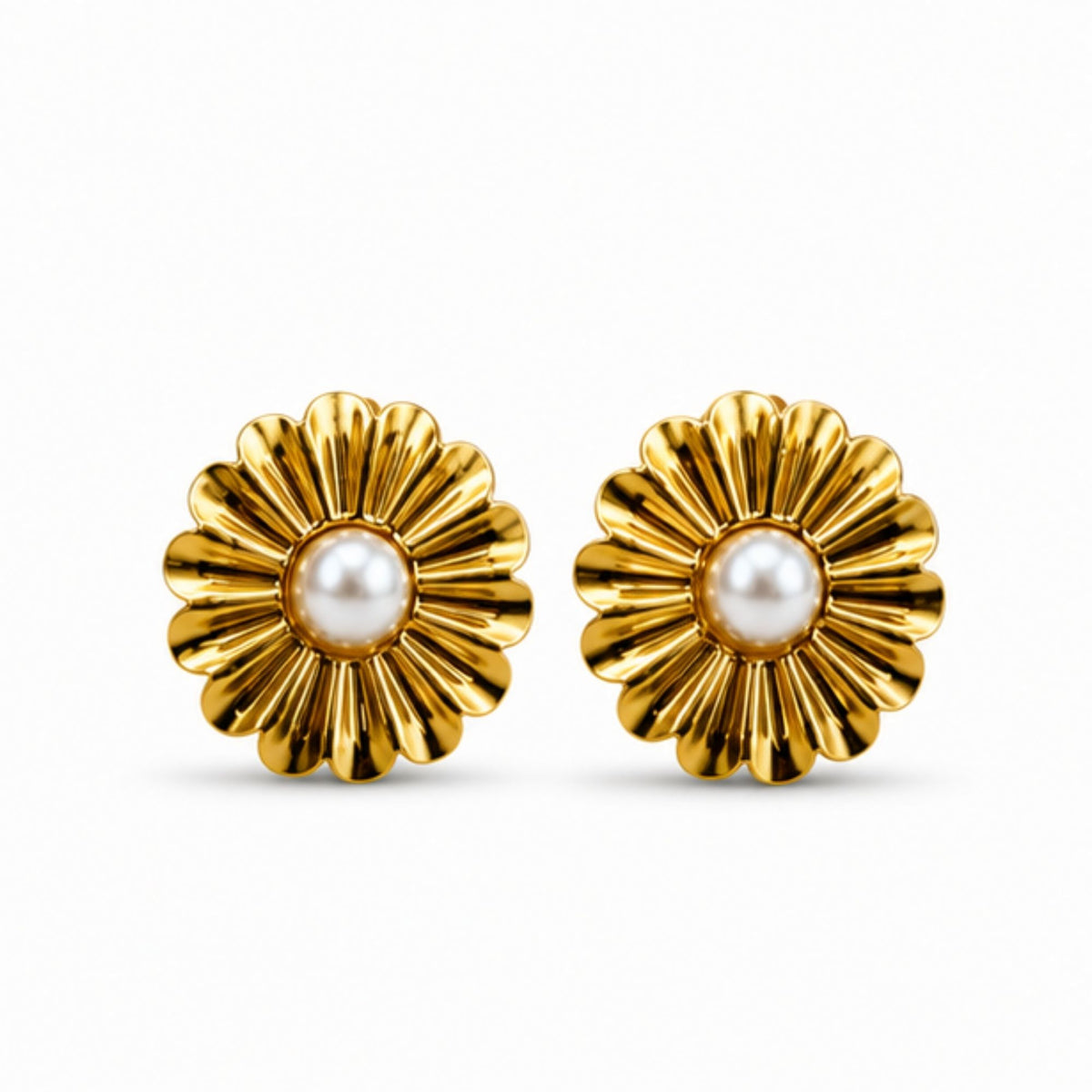 Gold Tone Pearl Sunburst Stud Earrings for Everyday Elegance