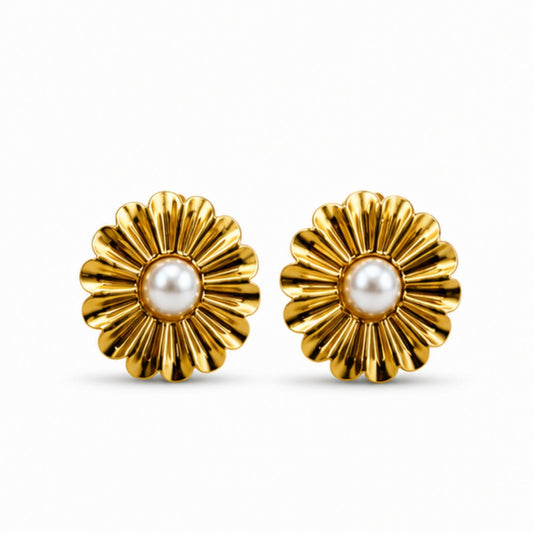 Gold Tone Pearl Sunburst Stud Earrings for Everyday Elegance