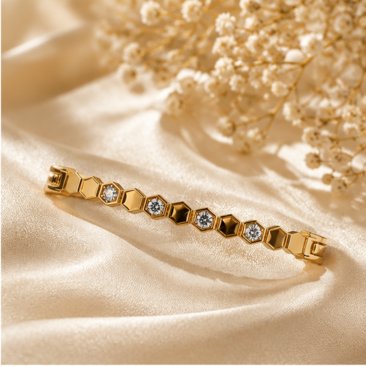 Gold Hexagon Crystal Link Bangle Bracelet