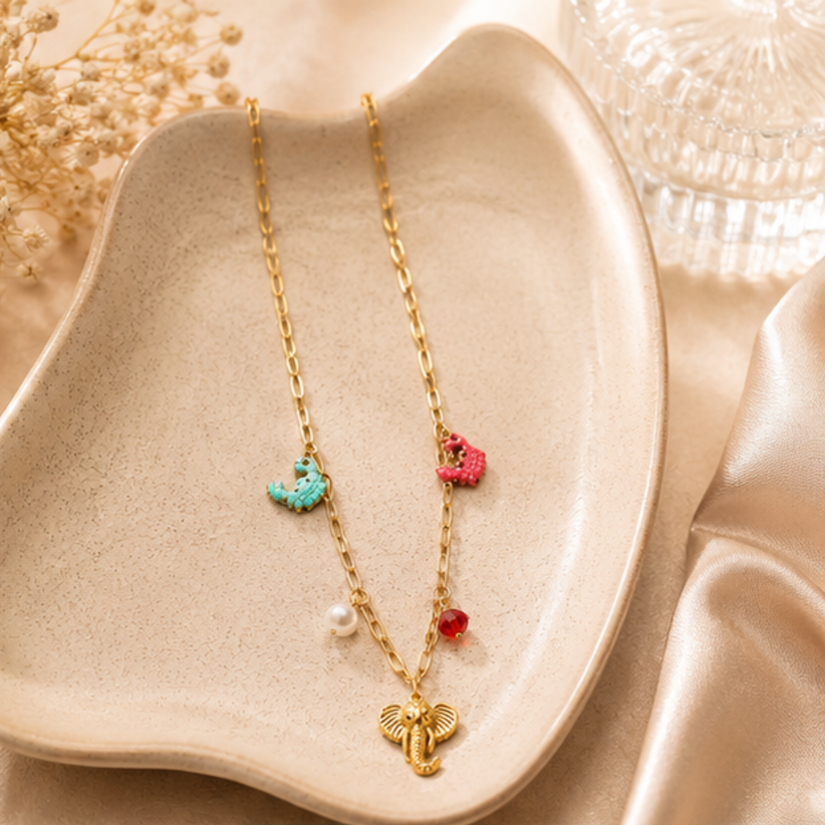 Gold Tone Colorful Charm Layered Pendant Necklace