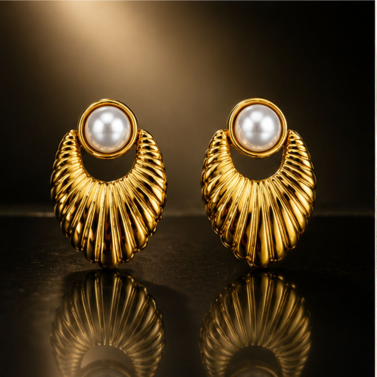 Gold Tone Pearl Fan Drop Earrings for Everyday Elegance