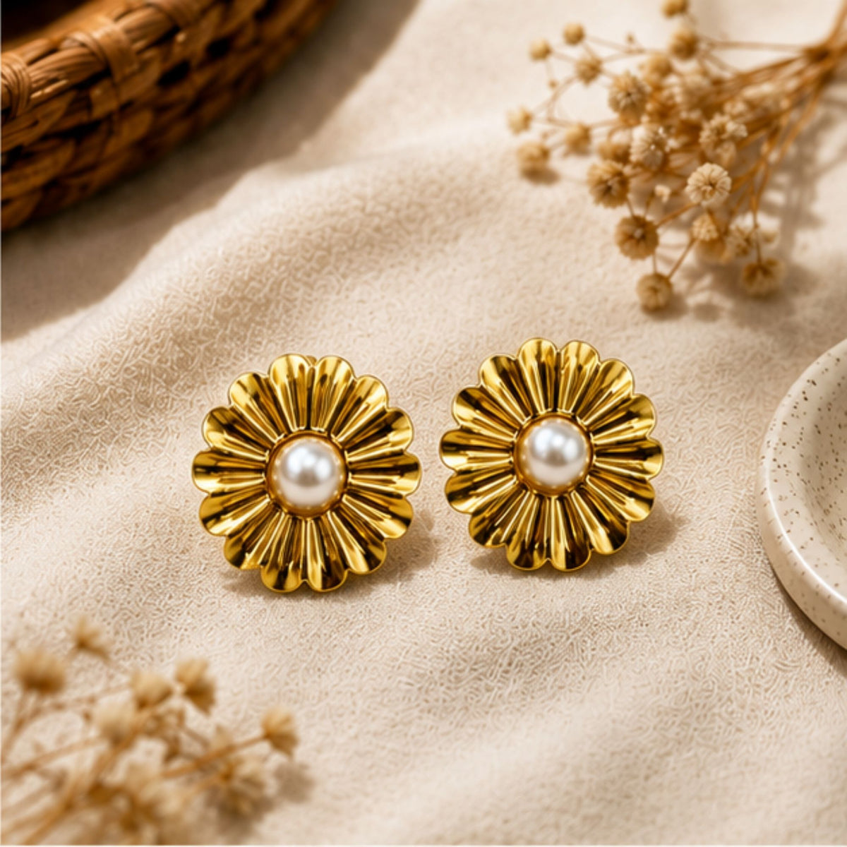 Gold Tone Pearl Sunburst Stud Earrings for Everyday Elegance