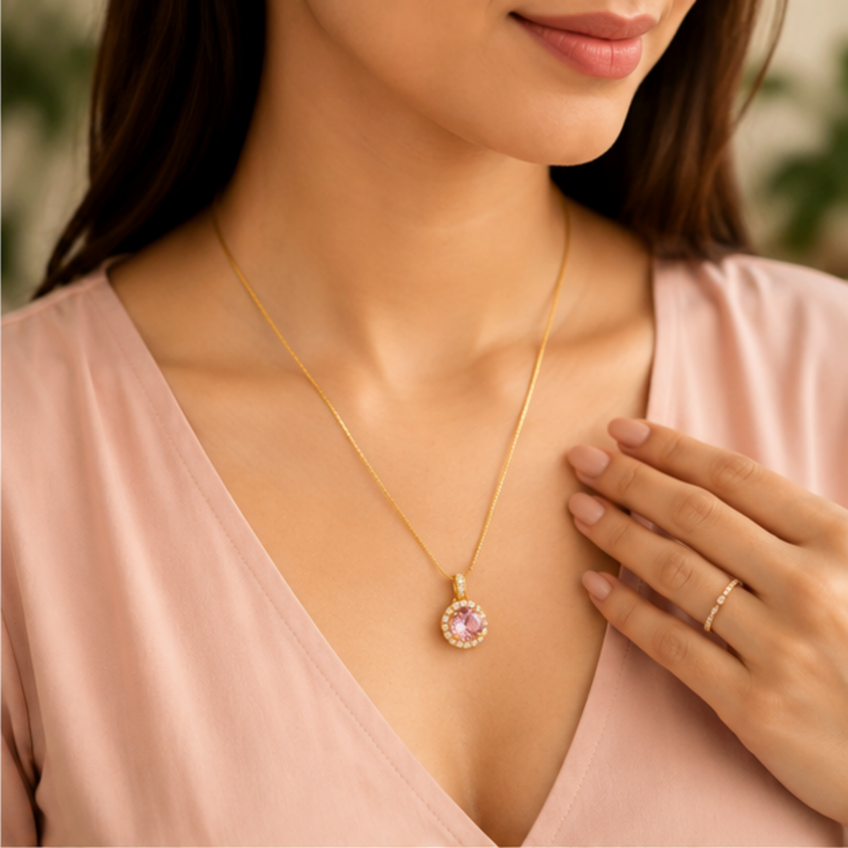 Elegant Gold-Tone Pink Stone Pendant Necklace