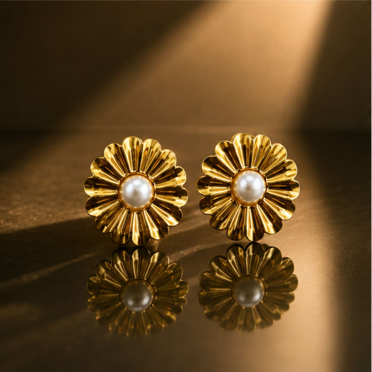 Gold Tone Pearl Sunburst Stud Earrings for Everyday Elegance