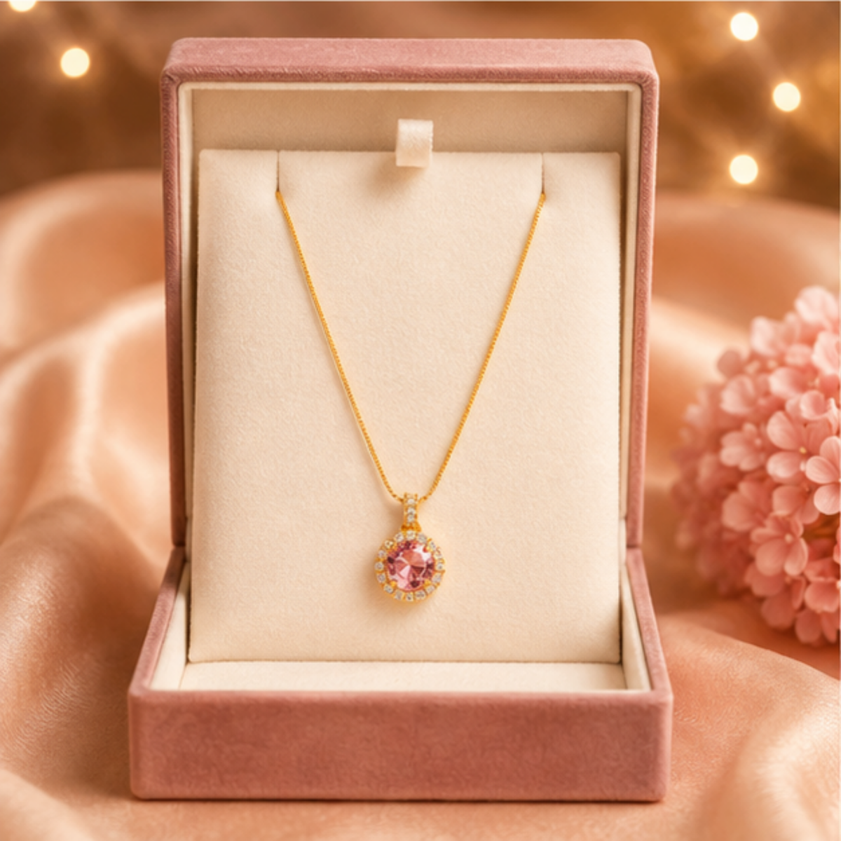 Elegant Gold-Tone Pink Stone Pendant Necklace