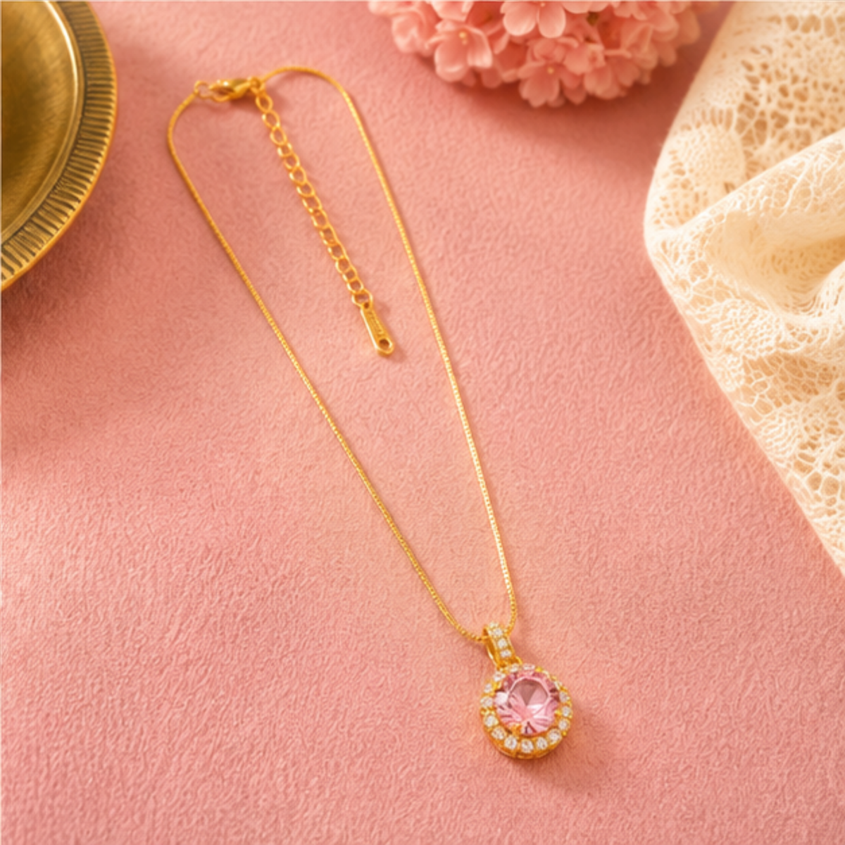 Elegant Gold-Tone Pink Stone Pendant Necklace