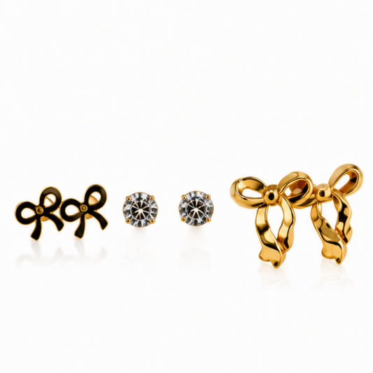 Gold Tone Bow and Crystal Earring Set for Everyday Style