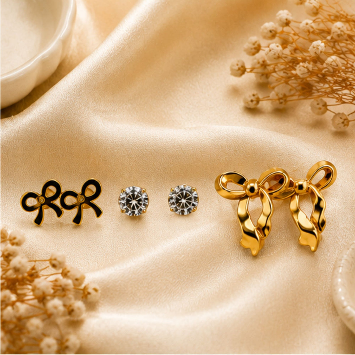 Gold Tone Bow and Crystal Earring Set for Everyday Style