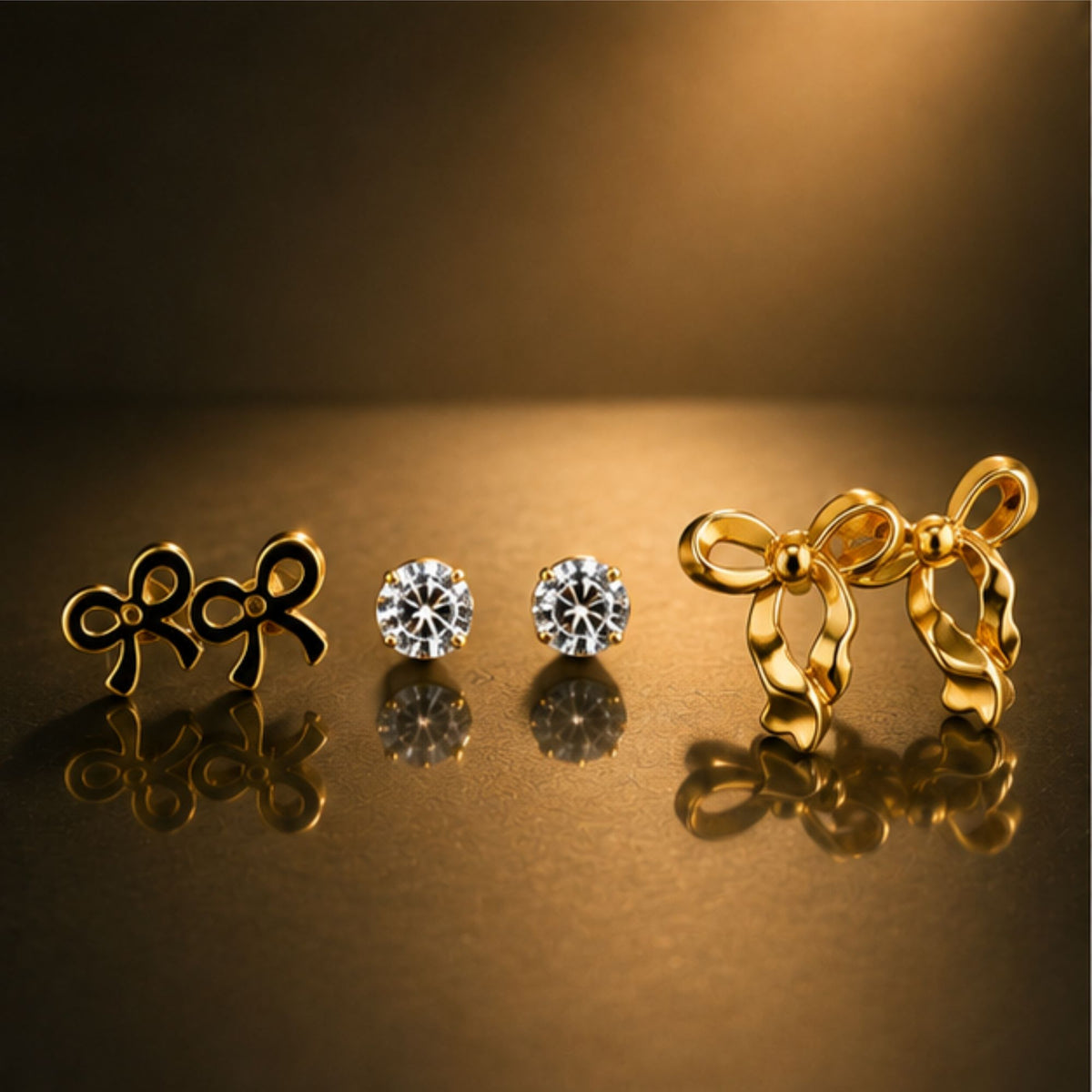 Gold Tone Bow and Crystal Earring Set for Everyday Style