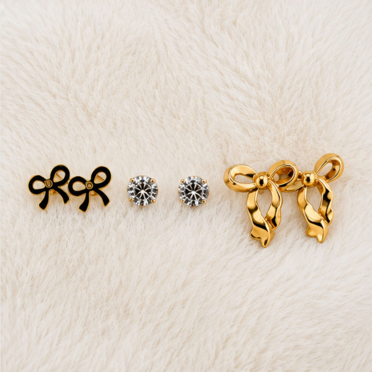 Gold Tone Bow and Crystal Earring Set for Everyday Style