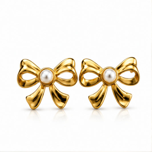 Gold Tone Pearl Bow Stud Earrings for Everyday Elegance