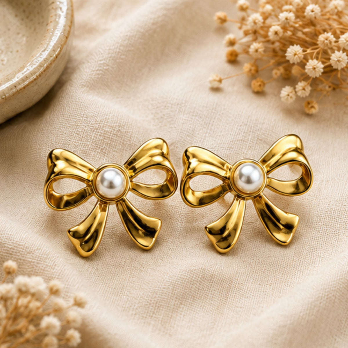 Gold Tone Pearl Bow Stud Earrings for Everyday Elegance