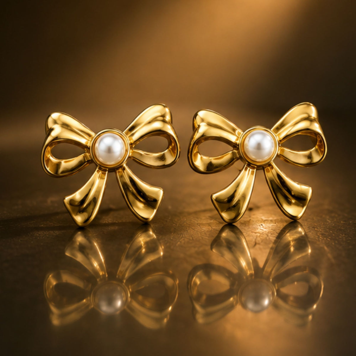 Gold Tone Pearl Bow Stud Earrings for Everyday Elegance