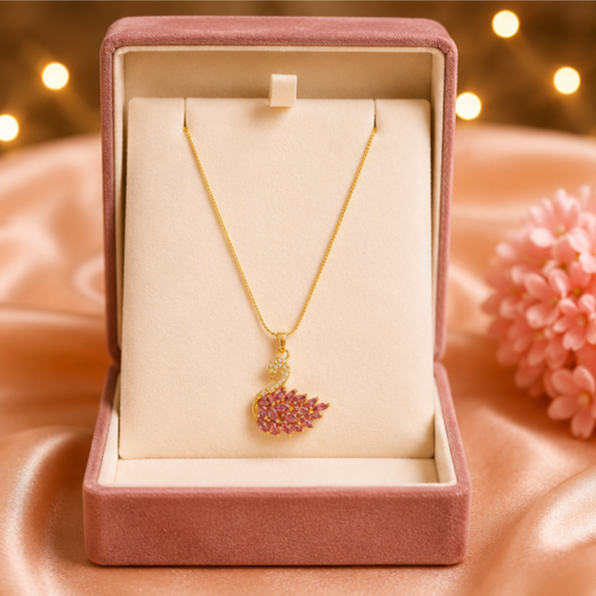 Gold-Tone Pink Cluster Pendant Necklace for Women