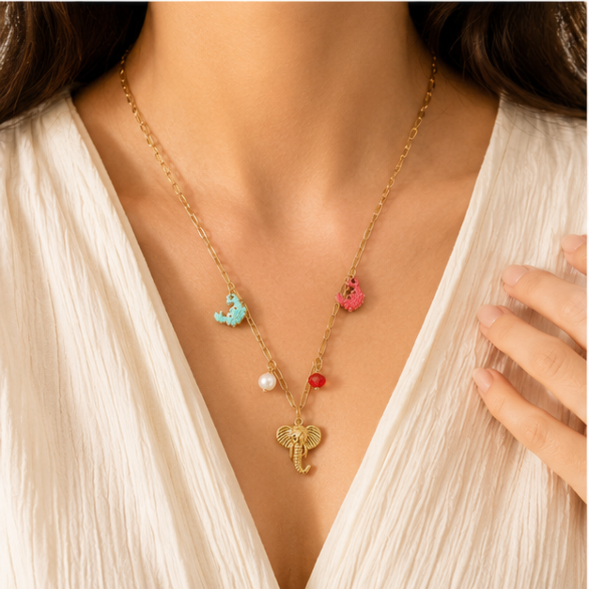 Gold Tone Colorful Charm Layered Pendant Necklace
