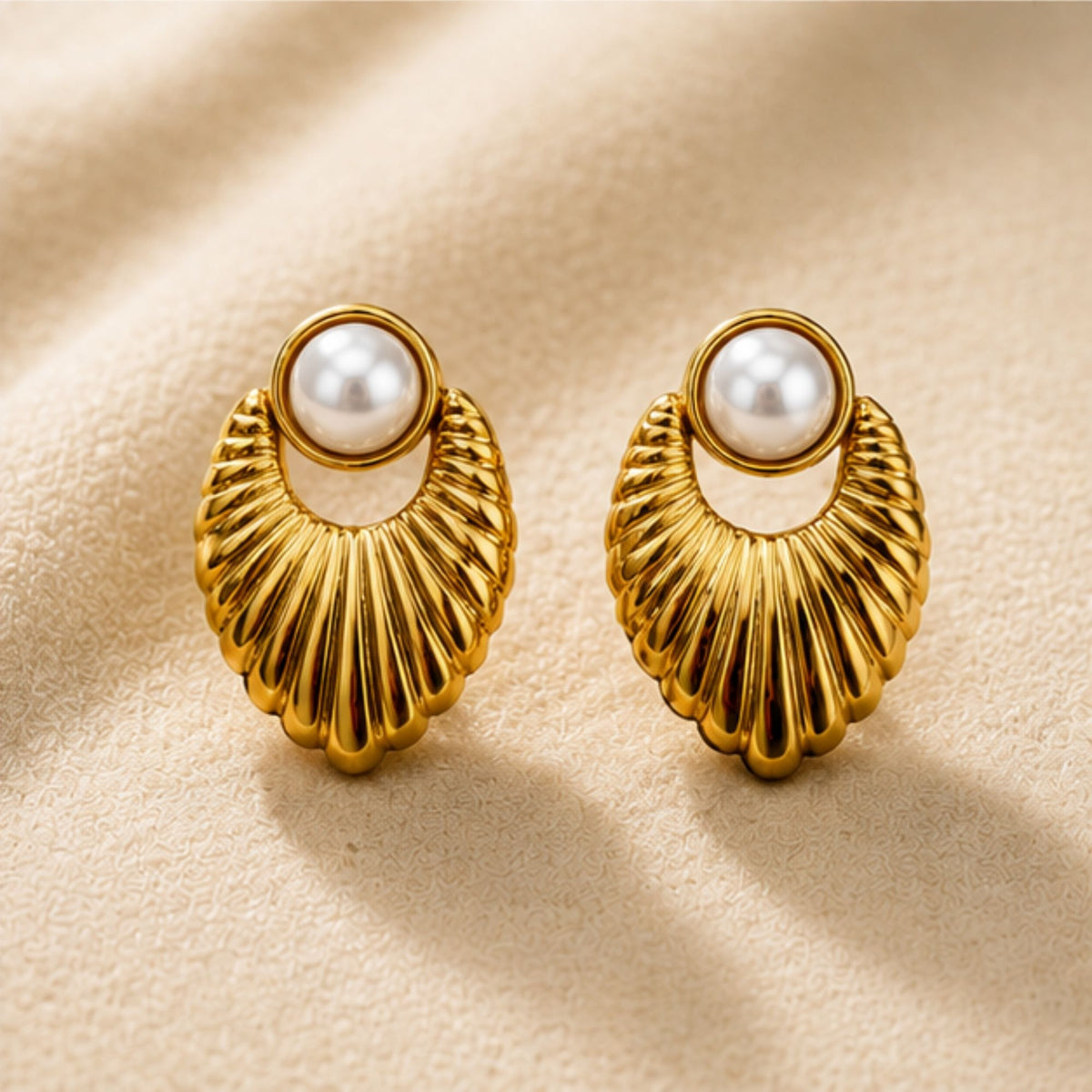 Gold Tone Pearl Fan Drop Earrings for Everyday Elegance
