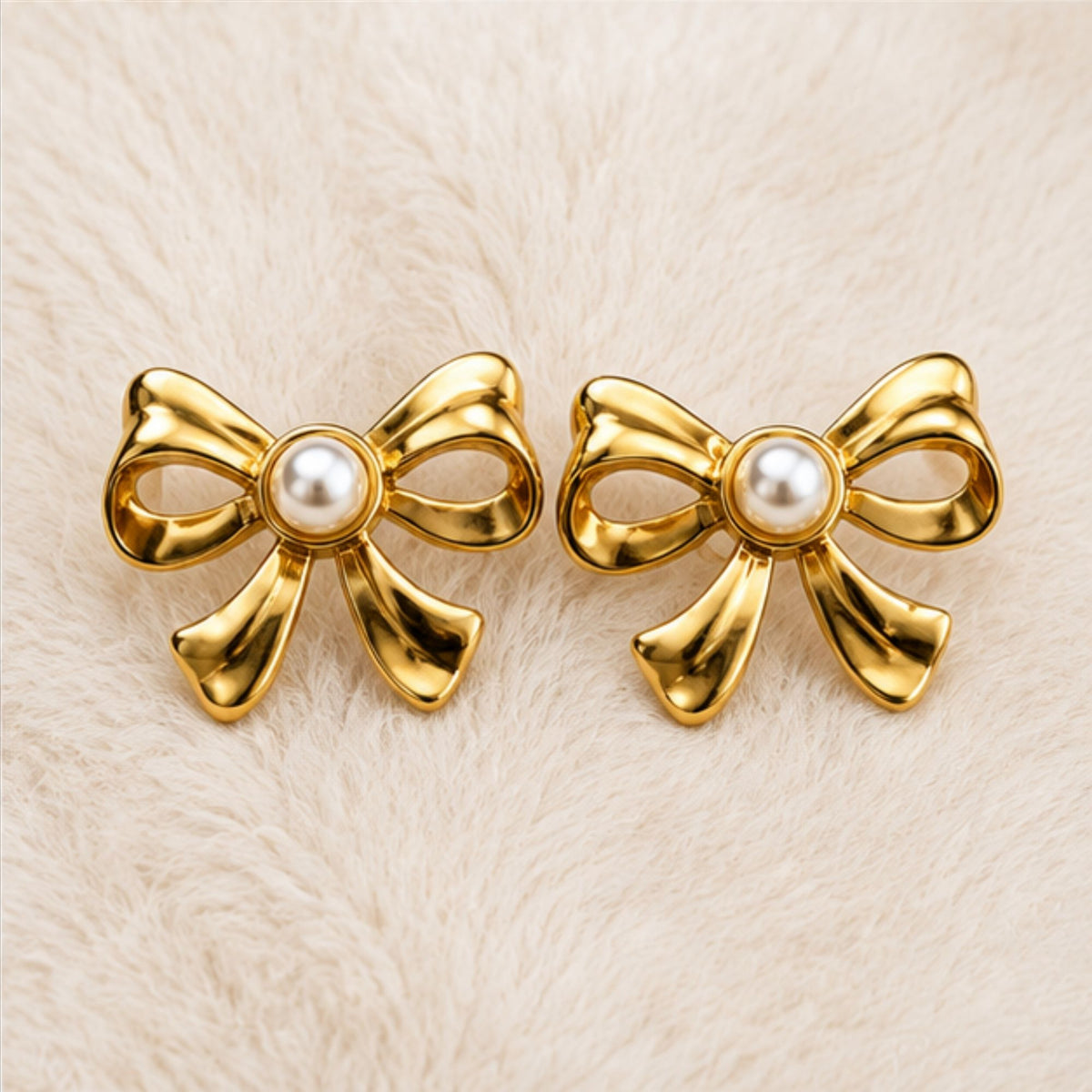 Gold Tone Pearl Bow Stud Earrings for Everyday Elegance