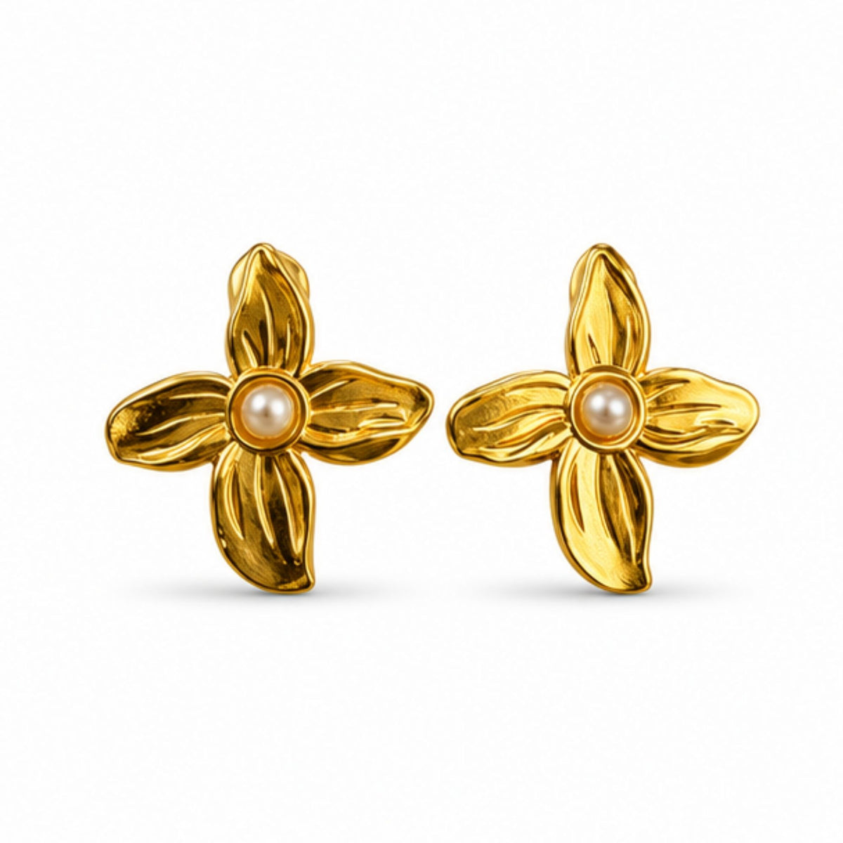 Gold Tone Pearl Floral Stud Earrings for Everyday Elegance