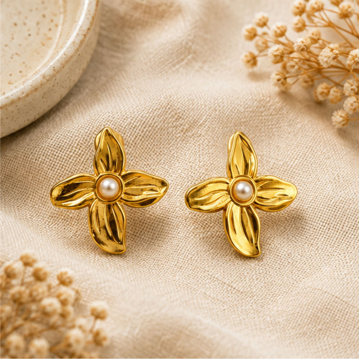 Gold Tone Pearl Floral Stud Earrings for Everyday Elegance