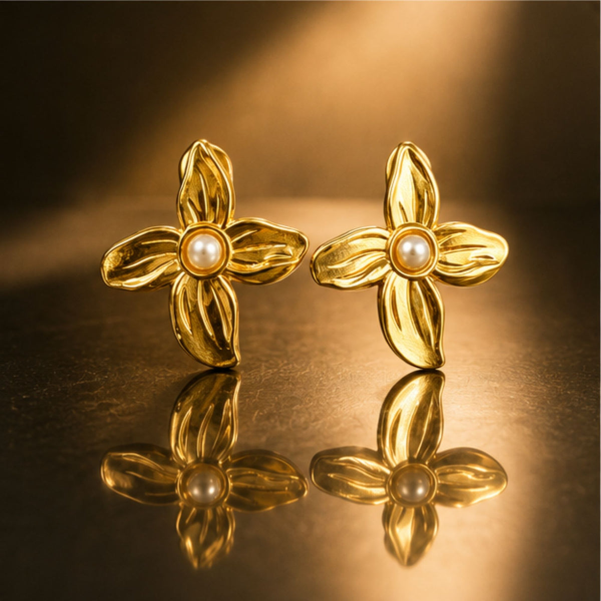 Gold Tone Pearl Floral Stud Earrings for Everyday Elegance