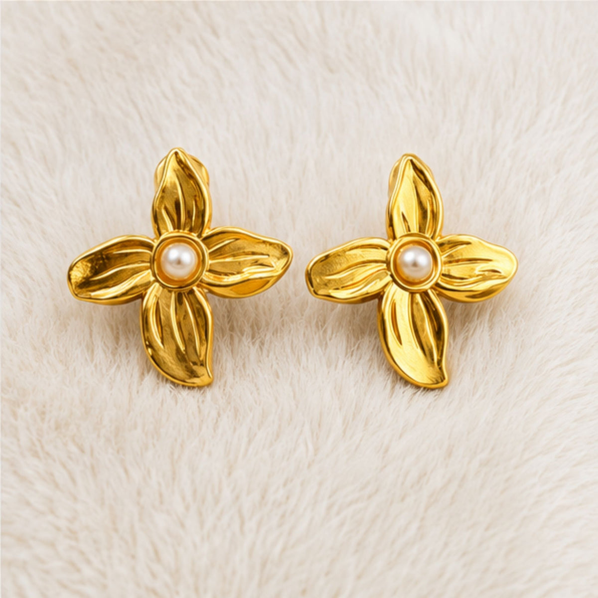 Gold Tone Pearl Floral Stud Earrings for Everyday Elegance