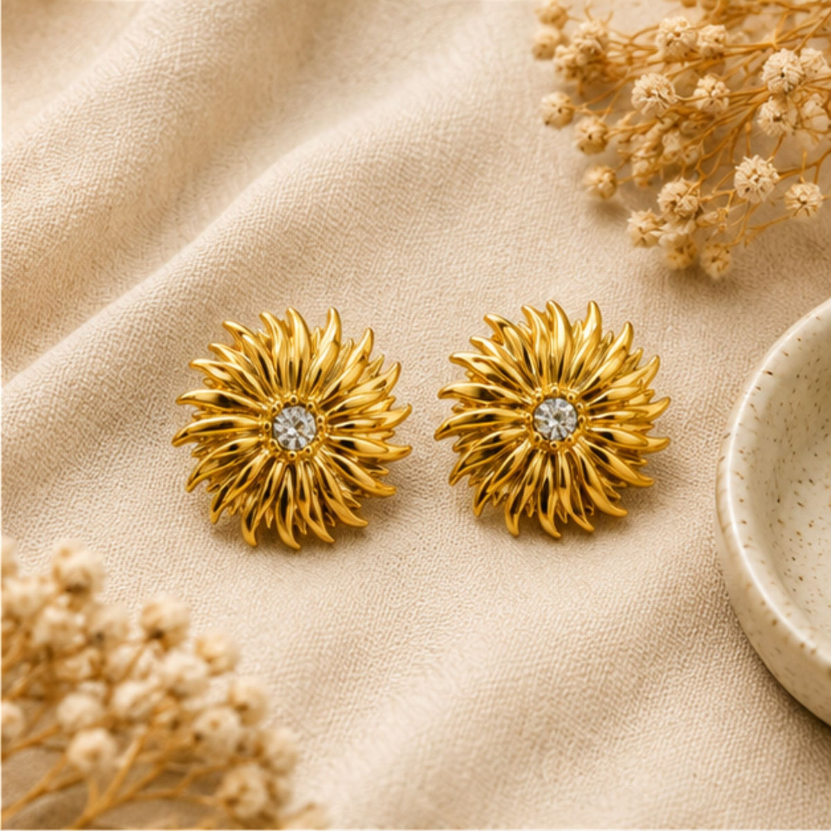 Gold Tone Sunflower Crystal Stud Earrings for Everyday Elegance